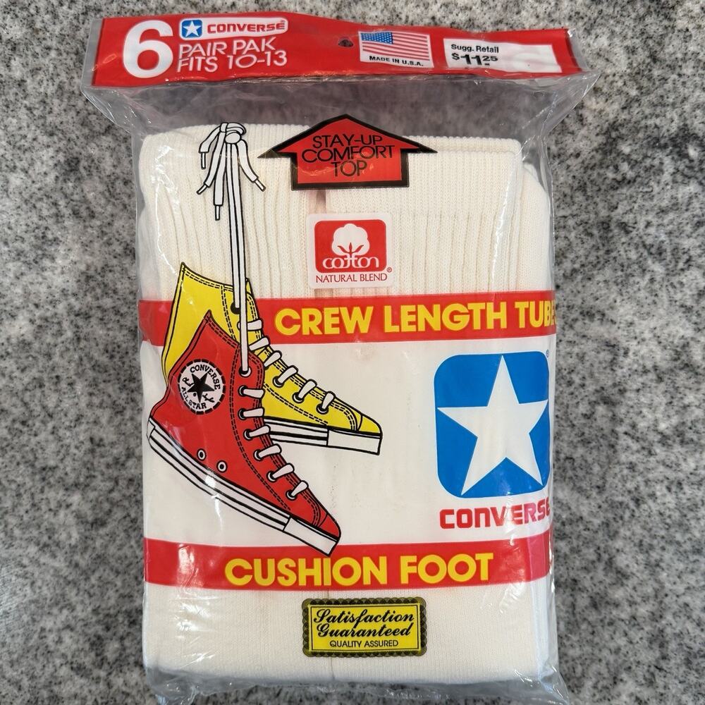 VINTAGE- Converse Chuck Taylor All Star Crew/Tube Socks- 6 PAIR PAK- White 10-13